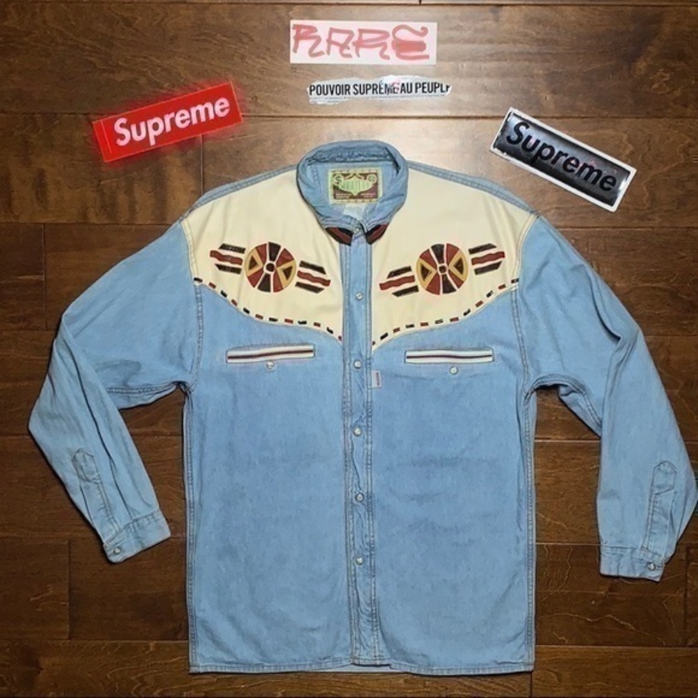 Vintage SHOOTER Denim and Leather Snap Up Shirt